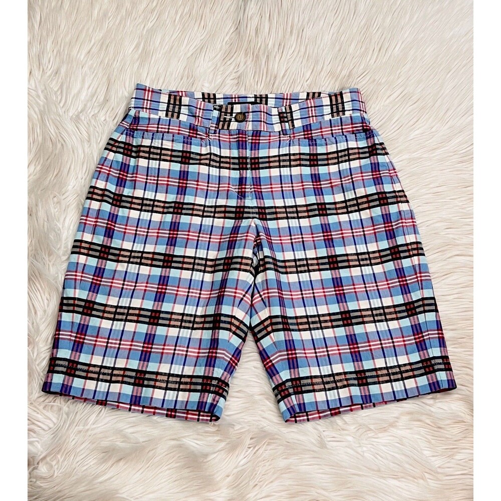 Lands End Womens Madras Plaid Shorts Fit 2 Size 4 Blue Cotton Mid Rise Tailored